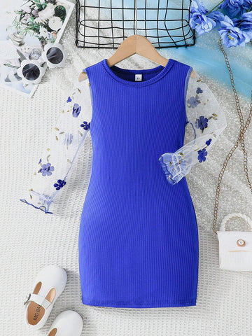 Girls Cute Fashion Casual Floral Embroidered Sheer Long Sleeve Round Neck Dress, SpringAutumn