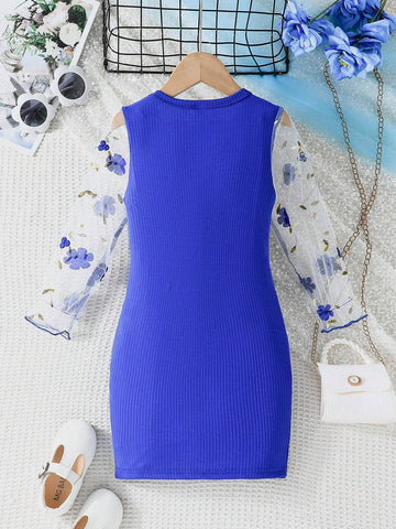 Girls Cute Fashion Casual Floral Embroidered Sheer Long Sleeve Round Neck Dress, SpringAutumn