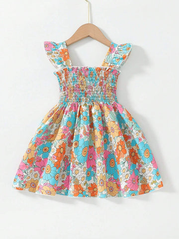 Girls Cute Floral All Over Print Suspender Dress