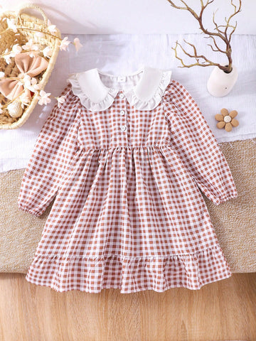 Girls Cute Floral Lace Collar Plaid Dress, Spring & Autumn
