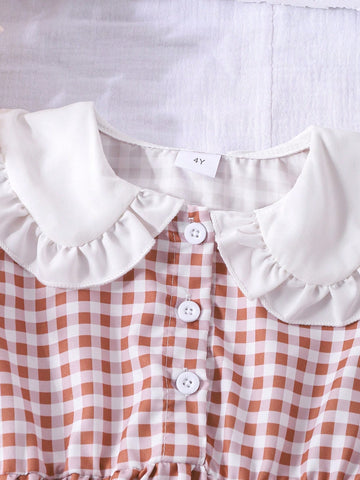 Girls Cute Floral Lace Collar Plaid Dress, Spring & Autumn