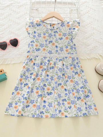 Girls Cute Fresh Floral Lace Patchwork Waist Cap Sleeve Princess Dress, Summer