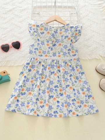 Girls Cute Fresh Floral Lace Patchwork Waist Cap Sleeve Princess Dress, Summer