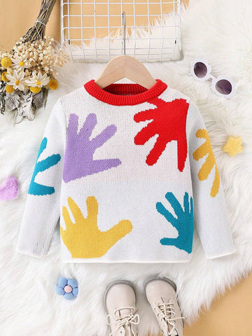 Girls' Cute Graphic Intantity Contrast Trim Knit Sweater, Soft & Comfy, For Daily Wear, Can Be Worn As Outerwear Or Underlayer