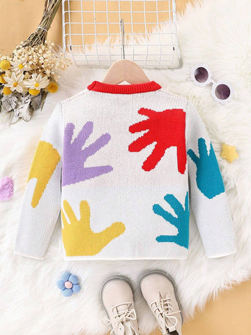 Girls' Cute Graphic Intantity Contrast Trim Knit Sweater, Soft & Comfy, For Daily Wear, Can Be Worn As Outerwear Or Underlayer
