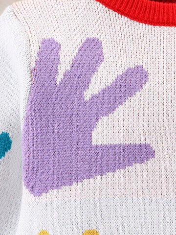 Girls' Cute Graphic Intantity Contrast Trim Knit Sweater, Soft & Comfy, For Daily Wear, Can Be Worn As Outerwear Or Underlayer