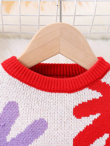 Girls' Cute Graphic Intantity Contrast Trim Knit Sweater, Soft & Comfy, For Daily Wear, Can Be Worn As Outerwear Or Underlayer