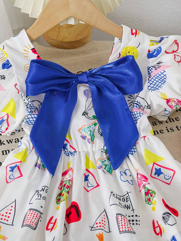 Girls' Cute Hand-Drawn Graffiti Pattern Blue Bow Puff Sleeve Princess Dress