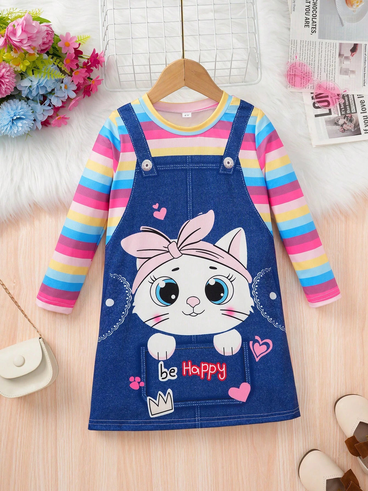 Girls Cute Happy Cat Print Casual Dress