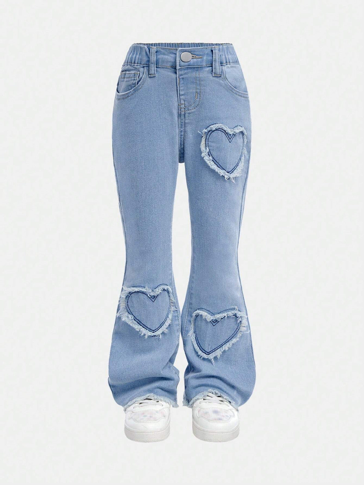 Girls Cute Heart Embroidered Distressed Elastic Flared Denim Jeans