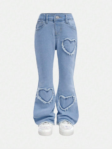 Girls Cute Heart Embroidered Distressed Elastic Flared Denim Jeans