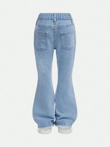 Girls Cute Heart Embroidered Distressed Elastic Flared Denim Jeans