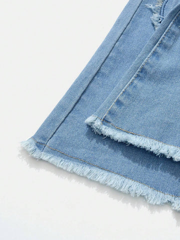 Girls Cute Heart Embroidered Distressed Elastic Flared Denim Jeans