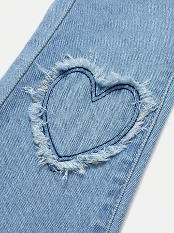 Girls Cute Heart Embroidered Distressed Elastic Flared Denim Jeans