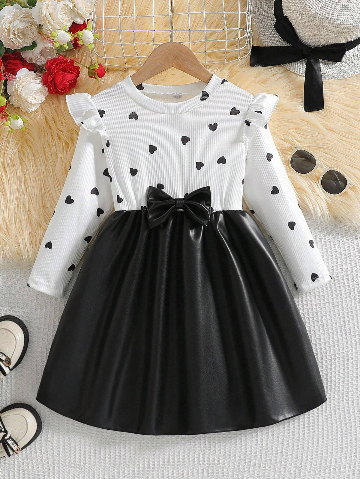 Girls Cute Heart Print Round Neck Long Sleeve Patchwork PU Leather Dress