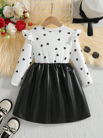 Girls Cute Heart Print Round Neck Long Sleeve Patchwork PU Leather Dress