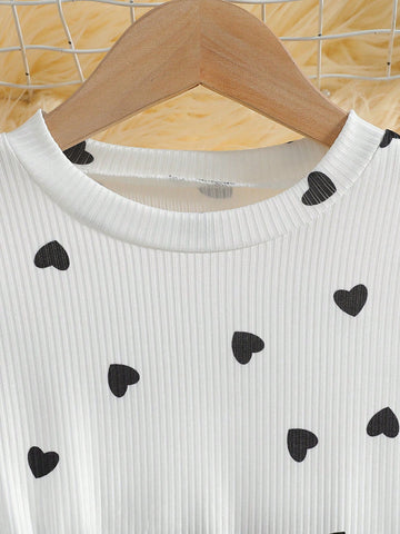 Girls Cute Heart Print Round Neck Long Sleeve Patchwork PU Leather Dress