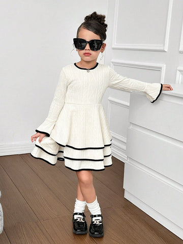 Girl's Cute Knit Jacquard Crew Neck Long Sleeve Layered Hem Casual Dress