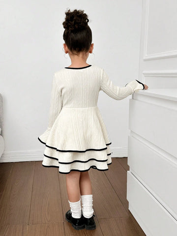 Girl's Cute Knit Jacquard Crew Neck Long Sleeve Layered Hem Casual Dress