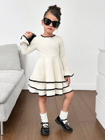 Girl's Cute Knit Jacquard Crew Neck Long Sleeve Layered Hem Casual Dress