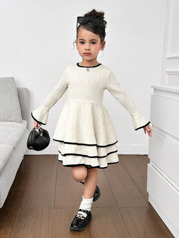 Girl's Cute Knit Jacquard Crew Neck Long Sleeve Layered Hem Casual Dress