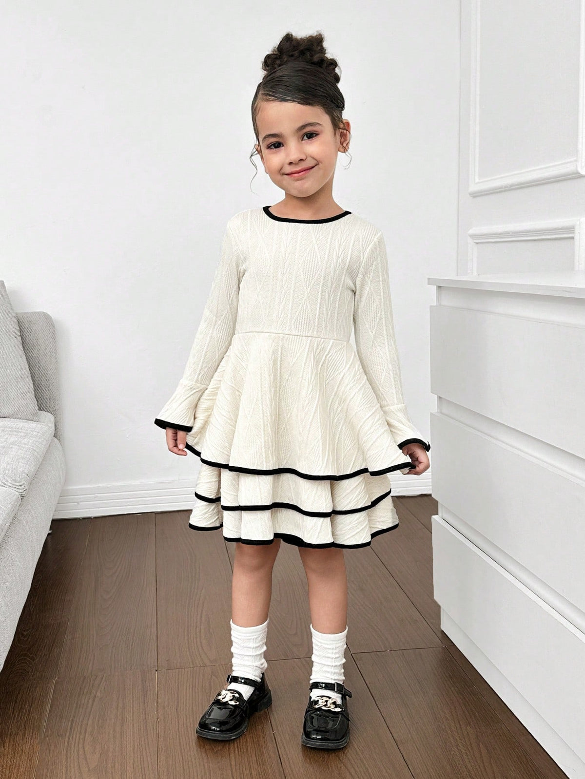 Girl's Cute Knit Jacquard Crew Neck Long Sleeve Layered Hem Casual Dress