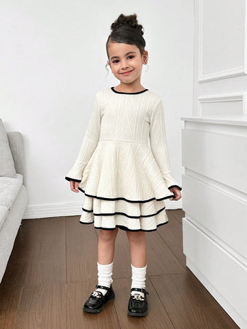 Girl's Cute Knit Jacquard Crew Neck Long Sleeve Layered Hem Casual Dress