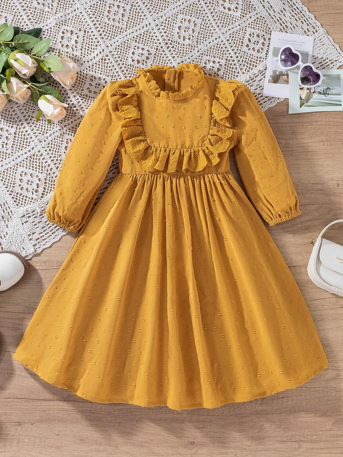 Girls Cute Lace Ruffle Collar Lantern Sleeve Dress, Suitable For Spring And Autumn