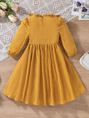 Girls Cute Lace Ruffle Collar Lantern Sleeve Dress, Suitable For Spring And Autumn