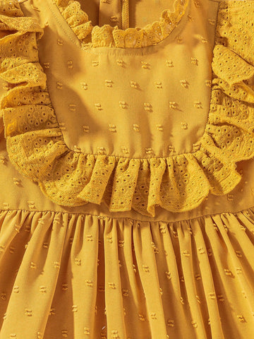 Girls Cute Lace Ruffle Collar Lantern Sleeve Dress, Suitable For Spring And Autumn