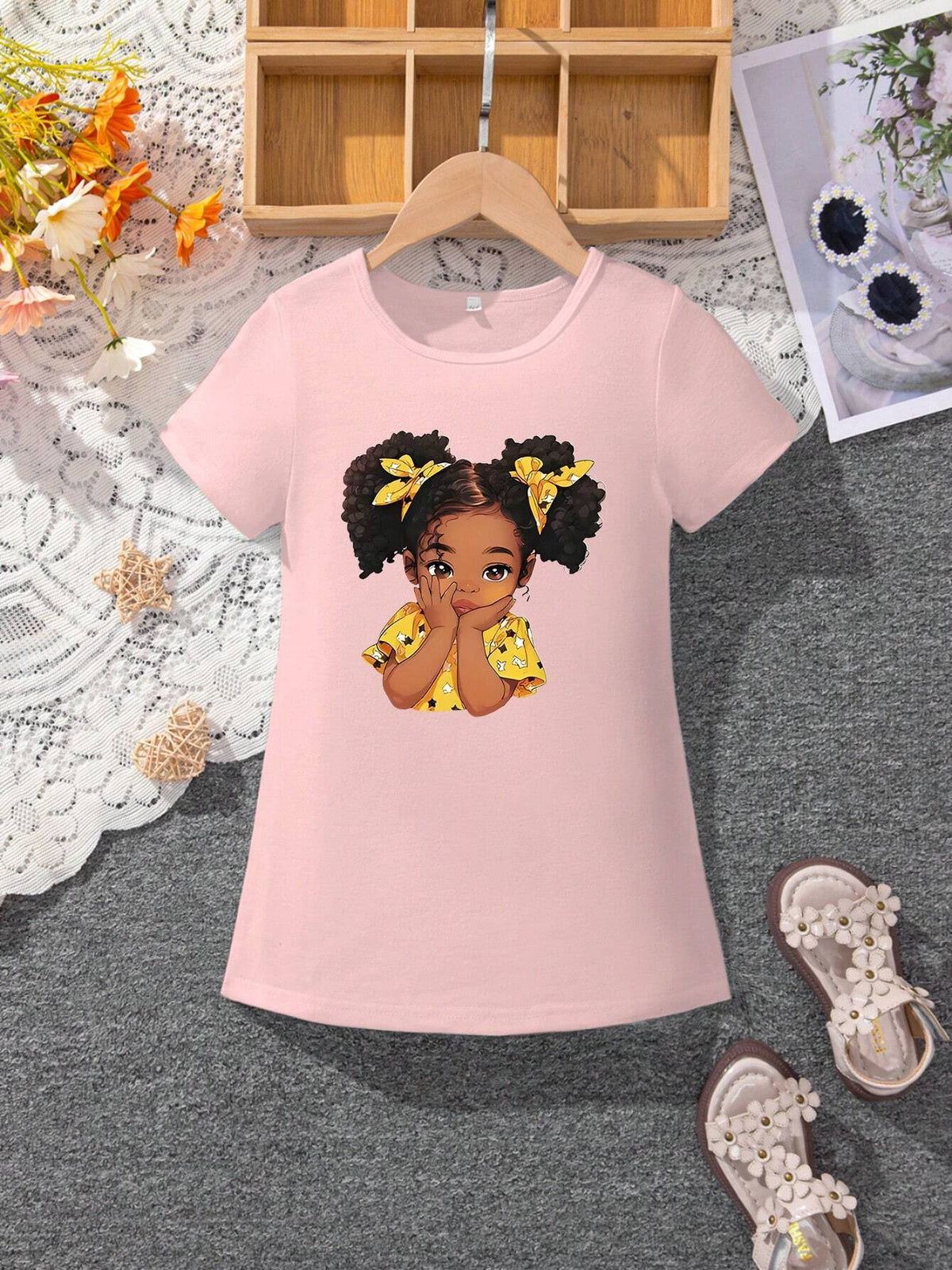 Girls' Cute Little Girl Pattern Casual Comfortable Round Neck Short Sleeve Dress, Summer