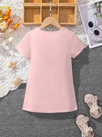 Girls' Cute Little Girl Pattern Casual Comfortable Round Neck Short Sleeve Dress, Summer