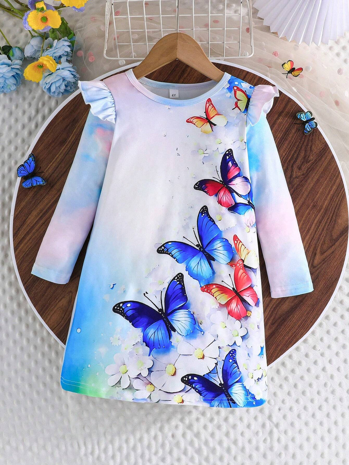 Girls Cute Long Sleeve Cap Sleeve Butterfly Print Fashion Casual Dress, Suitable For Spring And Autumn