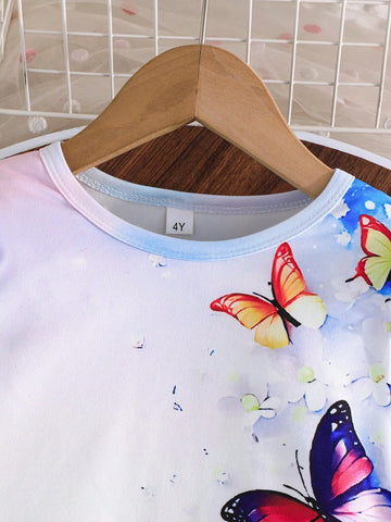 Girls Cute Long Sleeve Cap Sleeve Butterfly Print Fashion Casual Dress, Suitable For Spring And Autumn