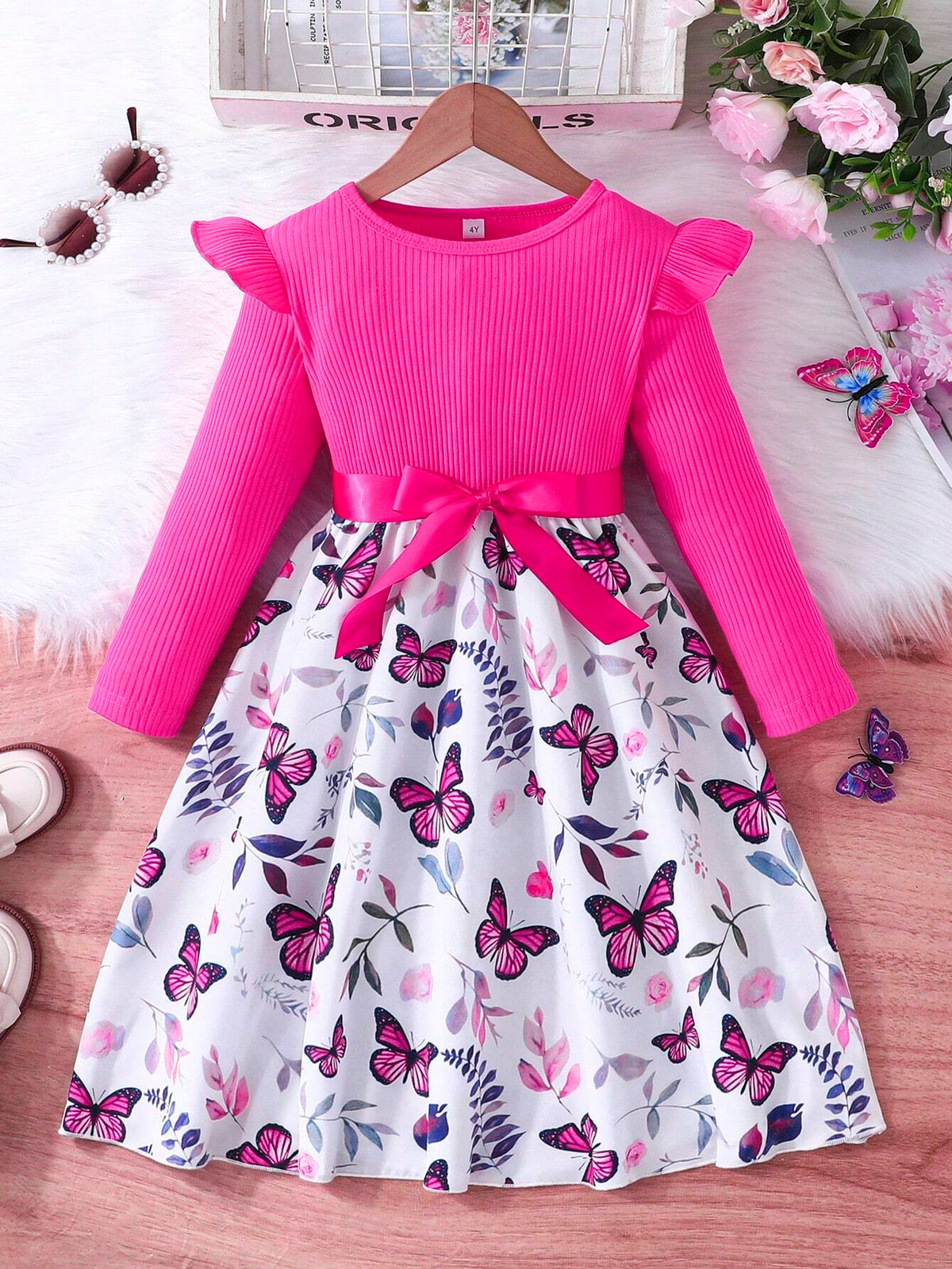 Girls Cute Long Sleeve Cotton Ribbed Butterfly Print Dress, Spring/Autumn
