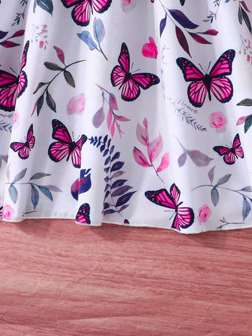 Girls Cute Long Sleeve Cotton Ribbed Butterfly Print Dress, Spring/Autumn