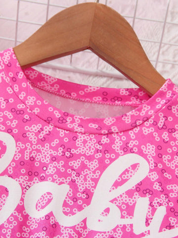 Girls Cute Princess Style Letter Print Round Neck Long Sleeve Star Sequins Mesh Patchwork Bow Decor Princess Dress, Spring & Autumn