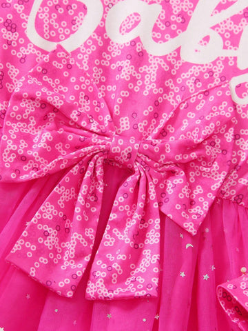 Girls Cute Princess Style Letter Print Round Neck Long Sleeve Star Sequins Mesh Patchwork Bow Decor Princess Dress, Spring & Autumn