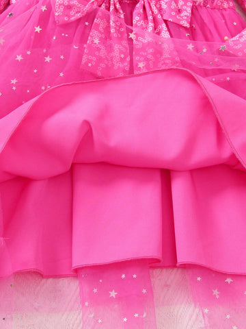 Girls Cute Princess Style Letter Print Round Neck Long Sleeve Star Sequins Mesh Patchwork Bow Decor Princess Dress, Spring & Autumn