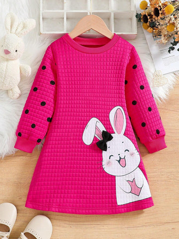 Girls Cute Rabbit Print Bowknot Decor Round Neck Long Sleeve Stylish Dress