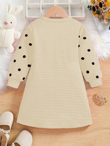 Girls Cute Rabbit Print Bowknot Round Neck Long Sleeve Fashionable Dress, Suitable For Autumn And Winter