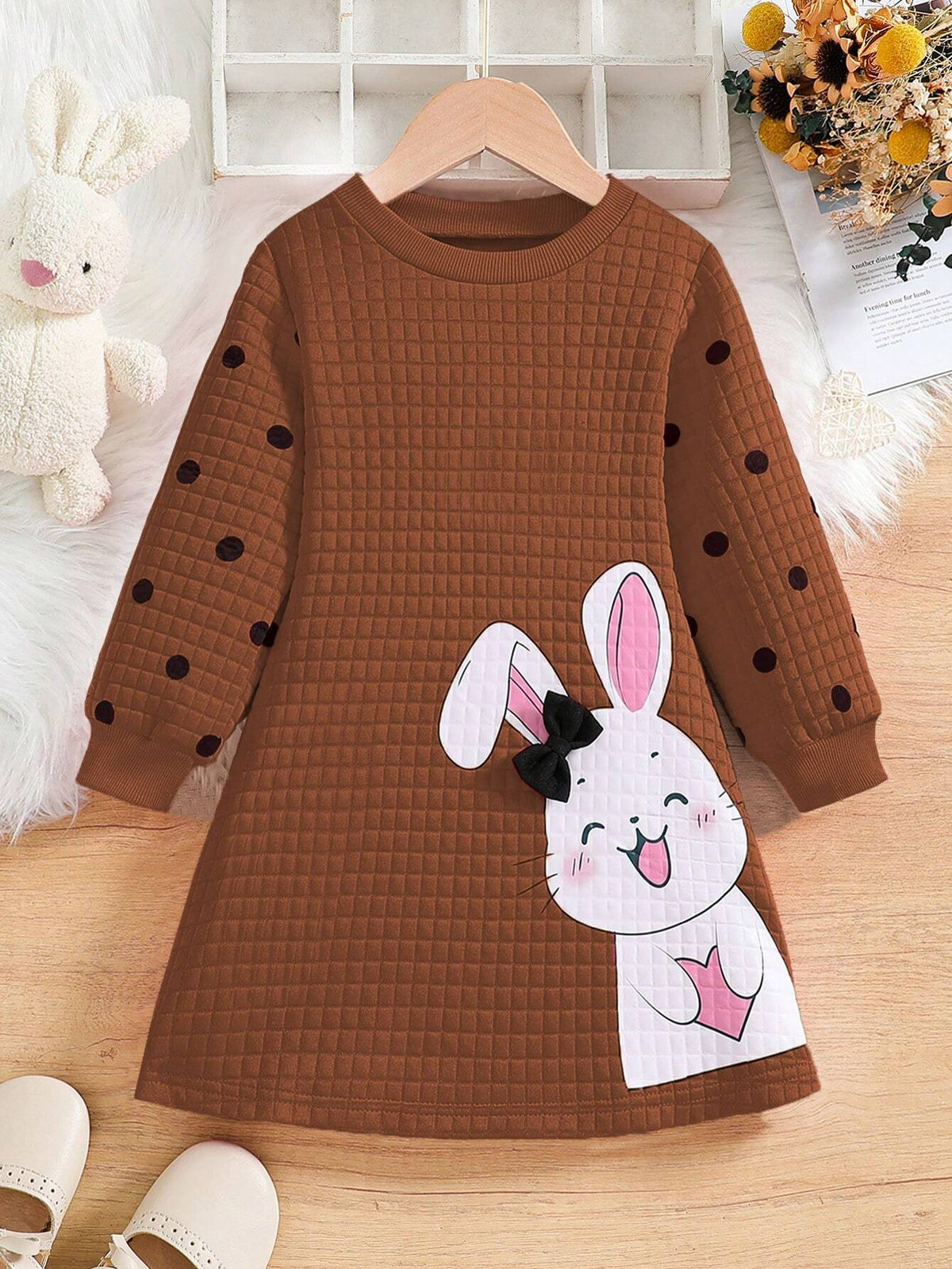 Girls Cute Rabbit Print Dress With 3D Bow Decor Round Neck Long Sleeve Fashionable Dress, Suitable For Autumn And Winter