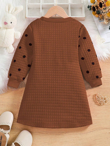 Girls Cute Rabbit Print Dress With 3D Bow Decor Round Neck Long Sleeve Fashionable Dress, Suitable For Autumn And Winter