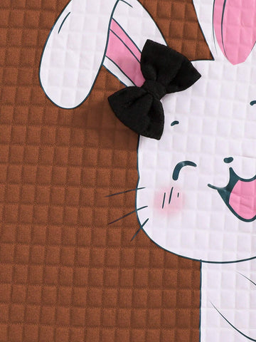 Girls Cute Rabbit Print Dress With 3D Bow Decor Round Neck Long Sleeve Fashionable Dress, Suitable For Autumn And Winter