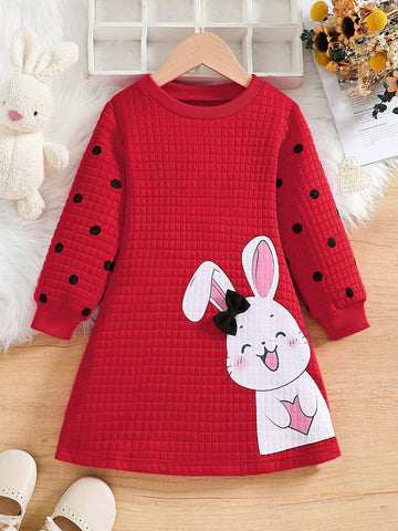 Girls Cute Rabbit Printed Bowknot Round Neck Long Sleeve Chic Dress, Suitable For Autumn And Winter