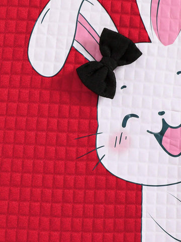 Girls Cute Rabbit Printed Bowknot Round Neck Long Sleeve Chic Dress, Suitable For Autumn And Winter