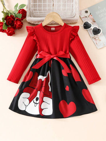 Girls Cute Ribbed Crew Neck Long Sleeve Patchwork Knit Cat Heart Print Dress With Belt