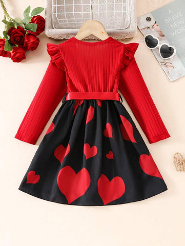 Girls Cute Ribbed Crew Neck Long Sleeve Patchwork Knit Cat Heart Print Dress With Belt