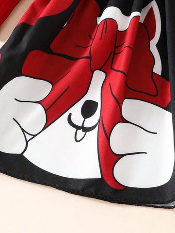 Girls Cute Ribbed Crew Neck Long Sleeve Patchwork Knit Cat Heart Print Dress With Belt