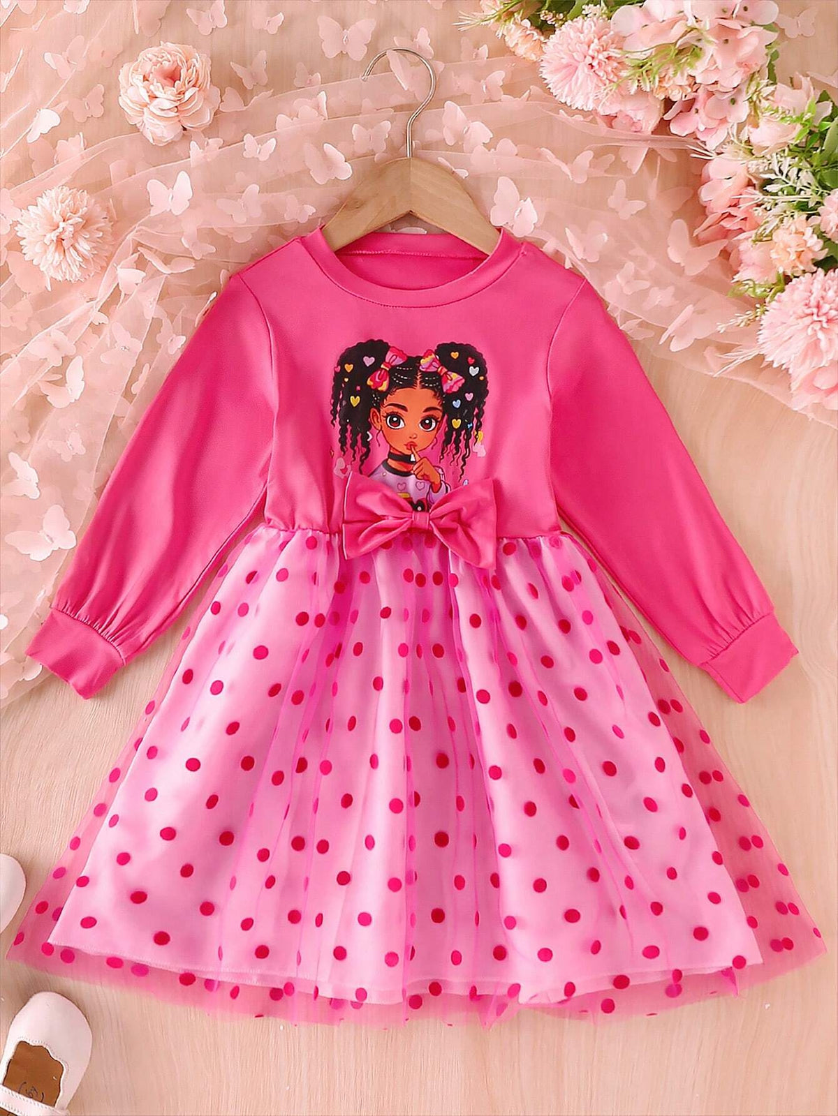 Girls Cute Round Neck Long Sleeve Cinched Waist Girl Portrait Print 3D Bow Polka Dot Mesh Tulle Winter Dress